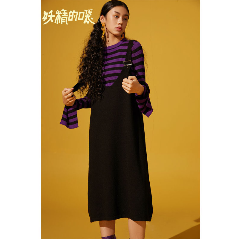 妖精的口袋Y早秋针织连衣裙女韩版秋装无袖中长款背带裙J_1