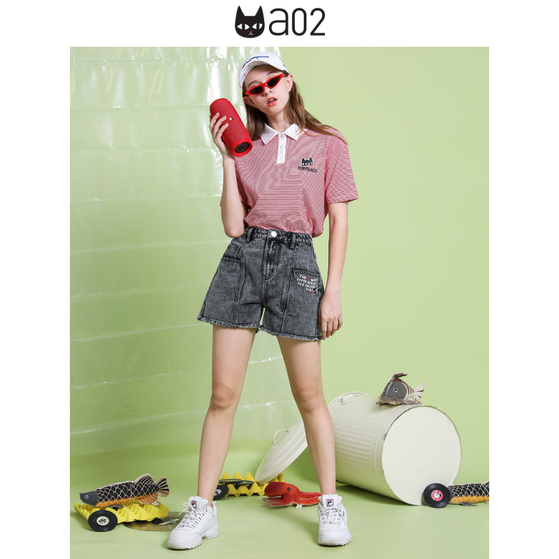 a02新款2020时尚Polo领条纹拼接港味宽松T恤女夏潮DTV2D1171KT