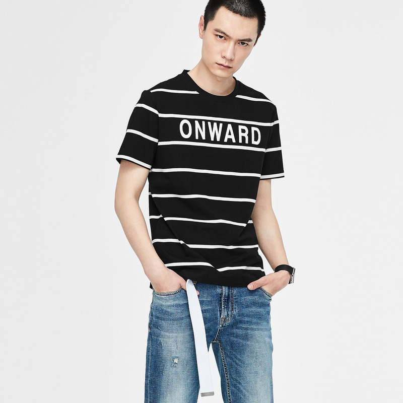 gxg男装夏季男士时尚青年流行黑底白条圆领短袖t恤男