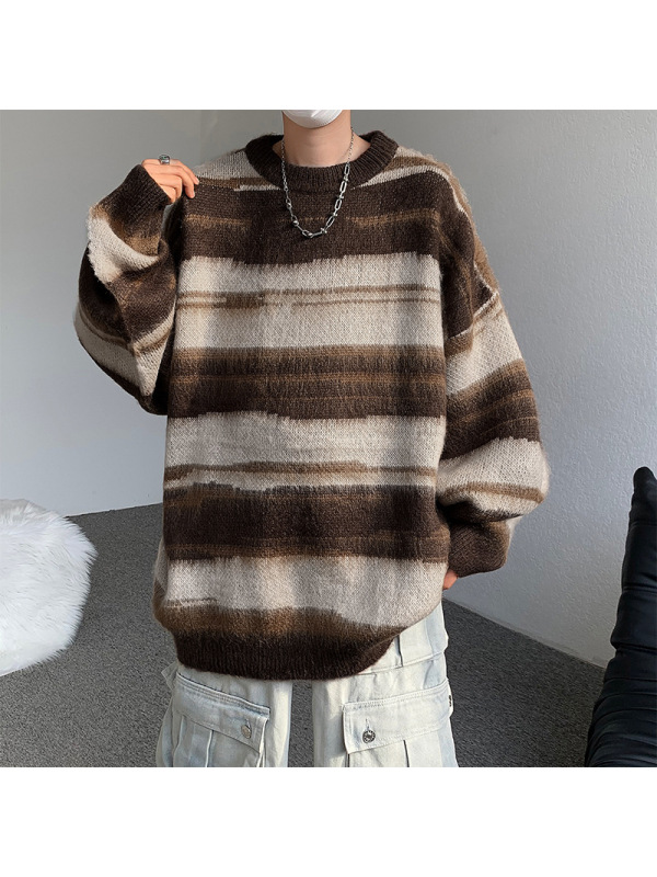男装新款圆领毛衣男休闲撞色条纹针织衫宽松慵懒风穿搭情侣打底衫