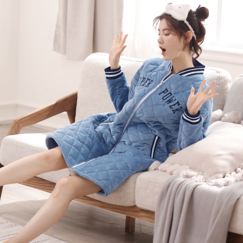 安之伴冬季女士加厚三层法兰绒夹棉睡衣保暖珊瑚绒棉袄家居服睡袍