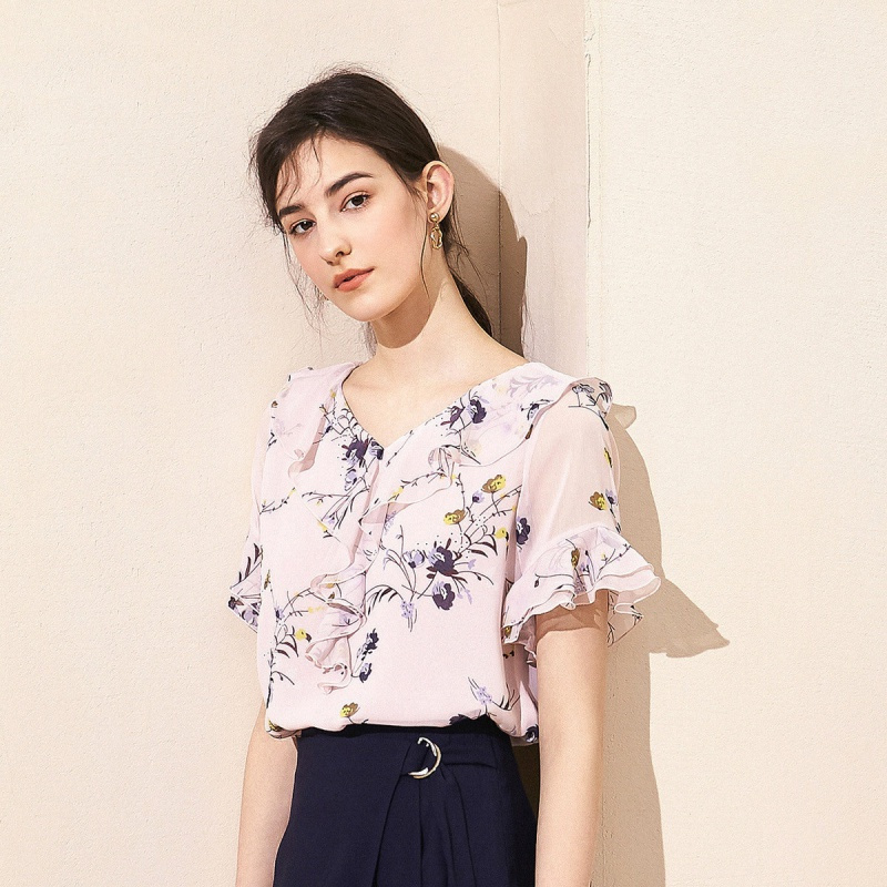 拉夏贝尔新款女装夏季性感碎花宽松短袖上衣v领时尚雪纺衬衫