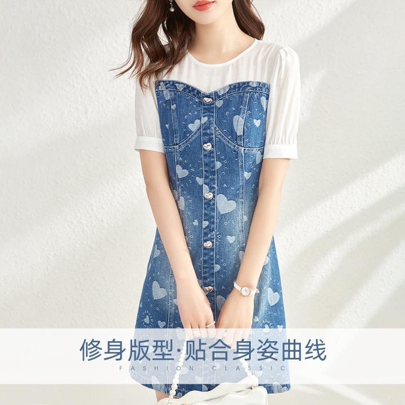 OUNIXUE欧昵雪 | [时尚爱心牛仔裙]夏季温柔风假两件拼接短袖修身连衣裙女