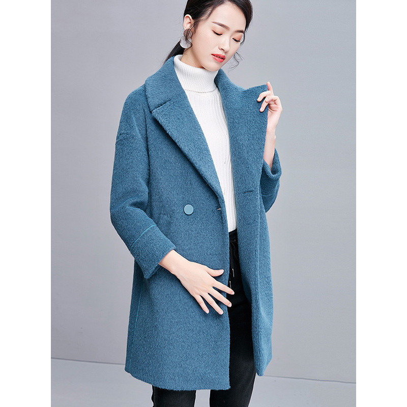 欧昵雪秋冬季新款宽松中长款毛呢外套女小个子九分袖呢子大衣q
