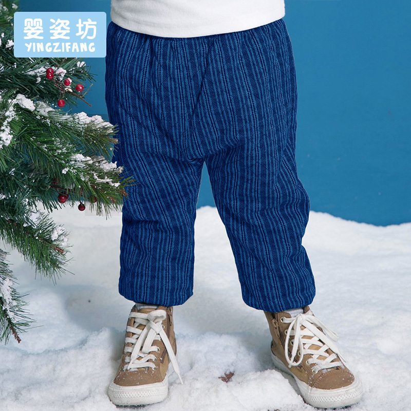 婴姿坊童装男童加绒加厚收脚长裤宝宝松紧格子棉裤冬季