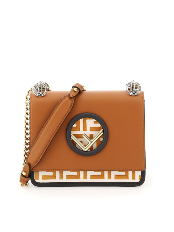 预售芬迪fendikani手提口盖包f环标织物拼皮女士手提包8bt286