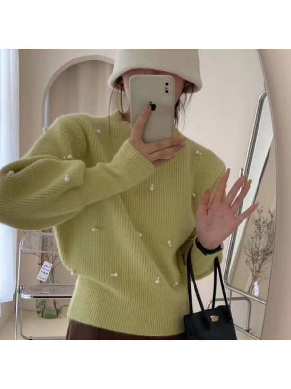 纯色圆领套头钉珠毛衣秋冬新款设计感宽松针织打底衫温柔系上衣潮
