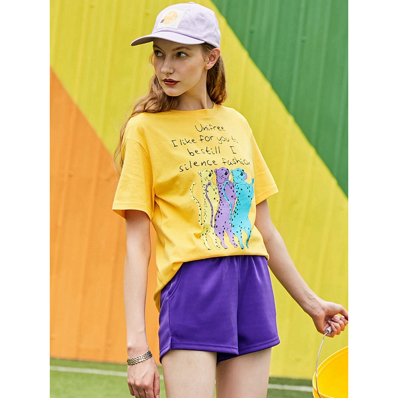 UNIFREE2018夏装新款圆领彩豹撞色字母印花短袖纯棉T恤UH182G235