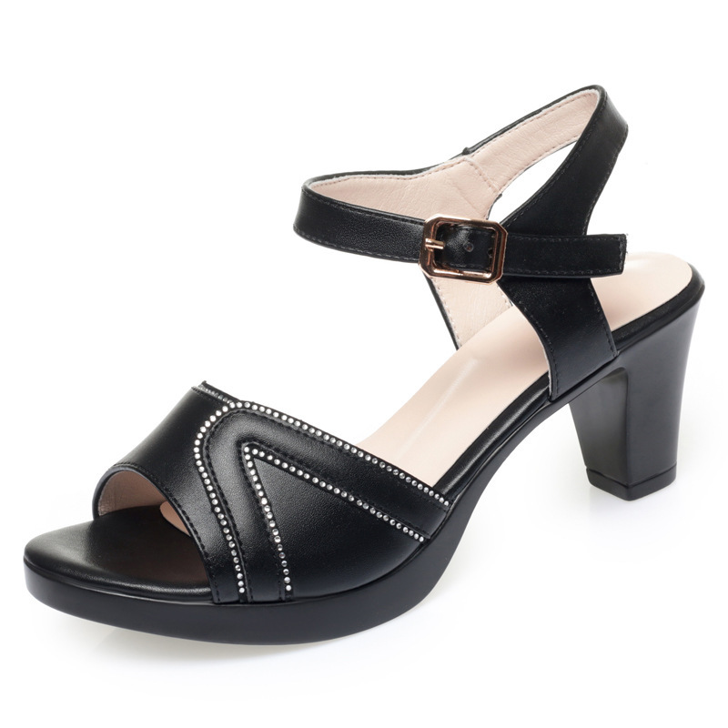 夏季新款粗跟凉鞋女高跟鞋百搭一字扣带中跟鱼嘴鞋防水台鞋