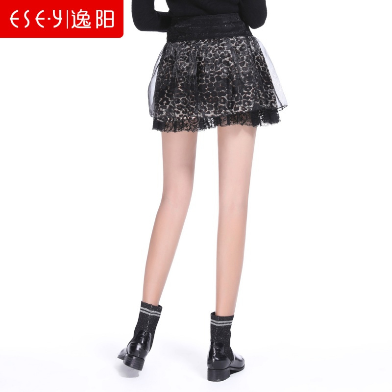 网纱豹纹松紧腰松紧腰蓬蓬半身裙短公主风2018秋新款女3617