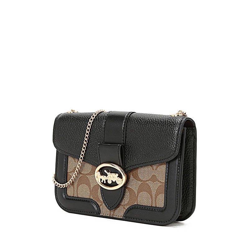 coach蔻驰女包马车链条包woc翻盖包小包圆环马车标单肩斜挎包织物拼皮