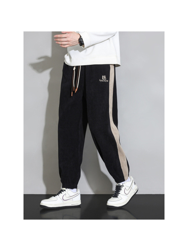 设计感撞色抽绳束脚裤男秋冬季新款刺绣大码运动灯芯绒休闲裤