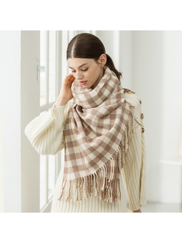 宏达HONDAR 2018秋冬新品 女款经典小方格撞色流苏加厚多功能围巾披肩大围巾 WJ331