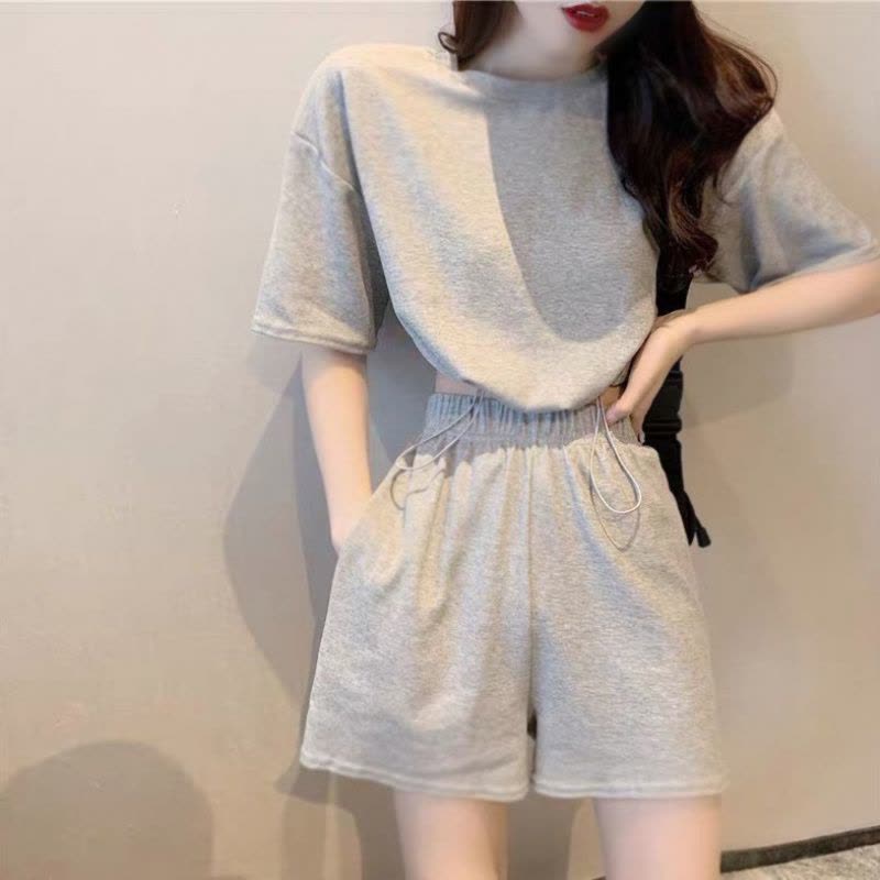 纯色抽绳短袖T恤夏季新款高腰显瘦宽松百搭运动短裤两件套装图片