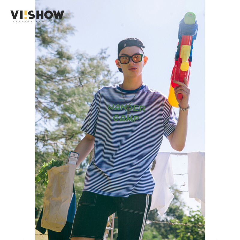 viishowT恤男潮牌条纹圆领半袖上衣男士夏季清凉短袖