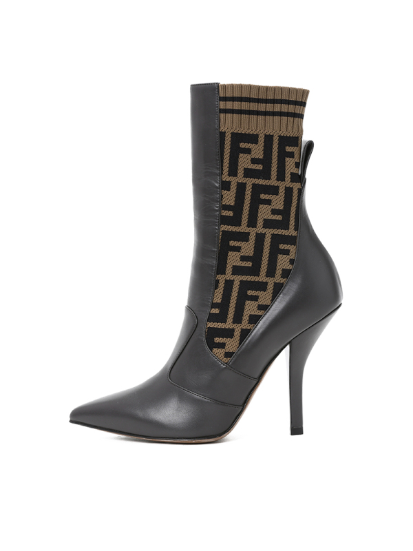 芬迪FENDI 高跟中靴 FF标识光面皮拼织物8T6645 女士靴子