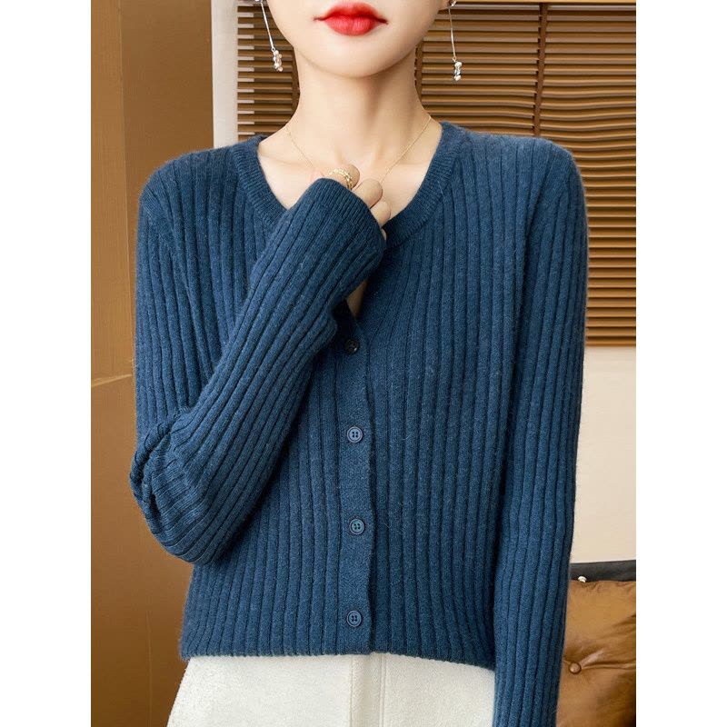 针织衫V领秋冬新款纯色短款毛衣竖条开衫内搭大码针织衫针织打底图片