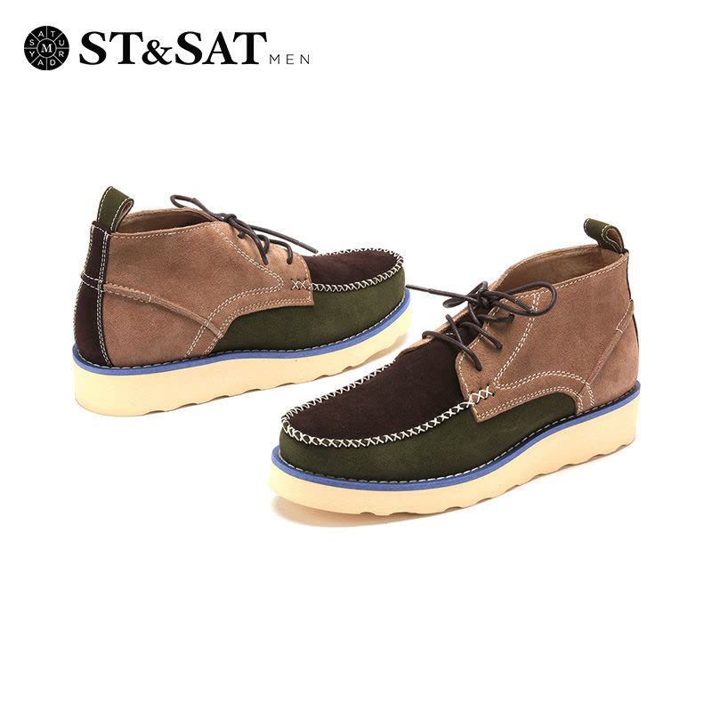 星期六(ST&SAT)男鞋牛皮革交叉系带拼色元素圆头平底休闲鞋SS44129461图片