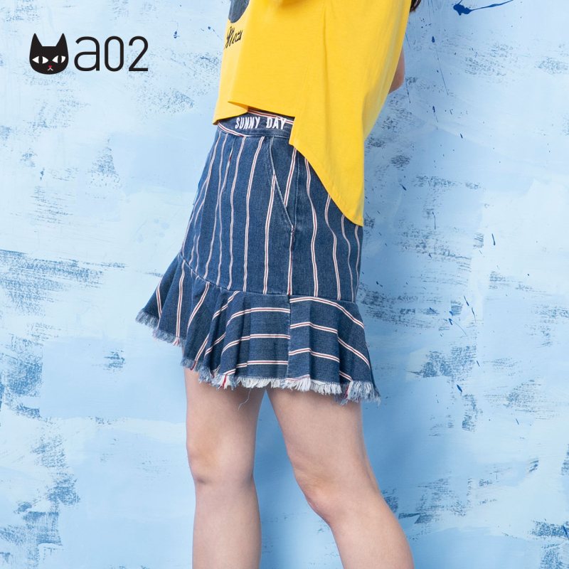 a02韩范A.PLUS减龄撞色条纹荷叶边chic拉链A牛仔短裙D9T2D0091SK