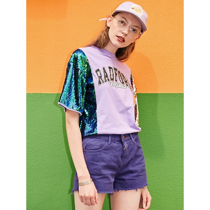 UNIFREE2018夏新女圆领字母刺绣珠片撞色宽松短袖T恤UH182G381