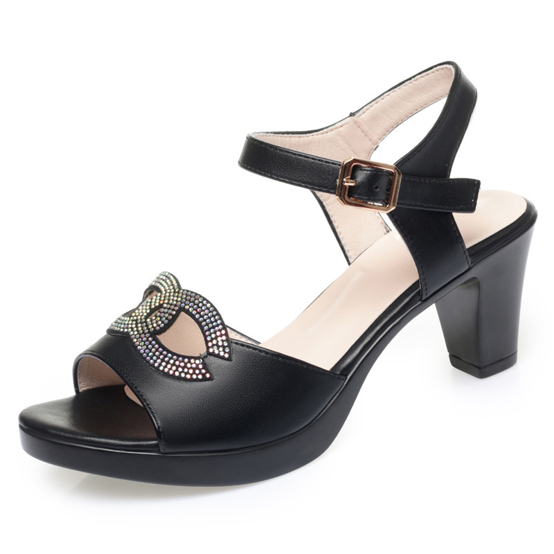 女夏新款凉鞋女粗跟鱼嘴高跟大码中年女士妈妈鞋子一字带凉鞋