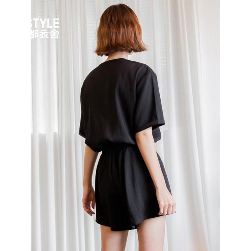 韩都衣舍2019夏装新款女装韩版短袖高腰连体裤休闲短裤JM9851蒖