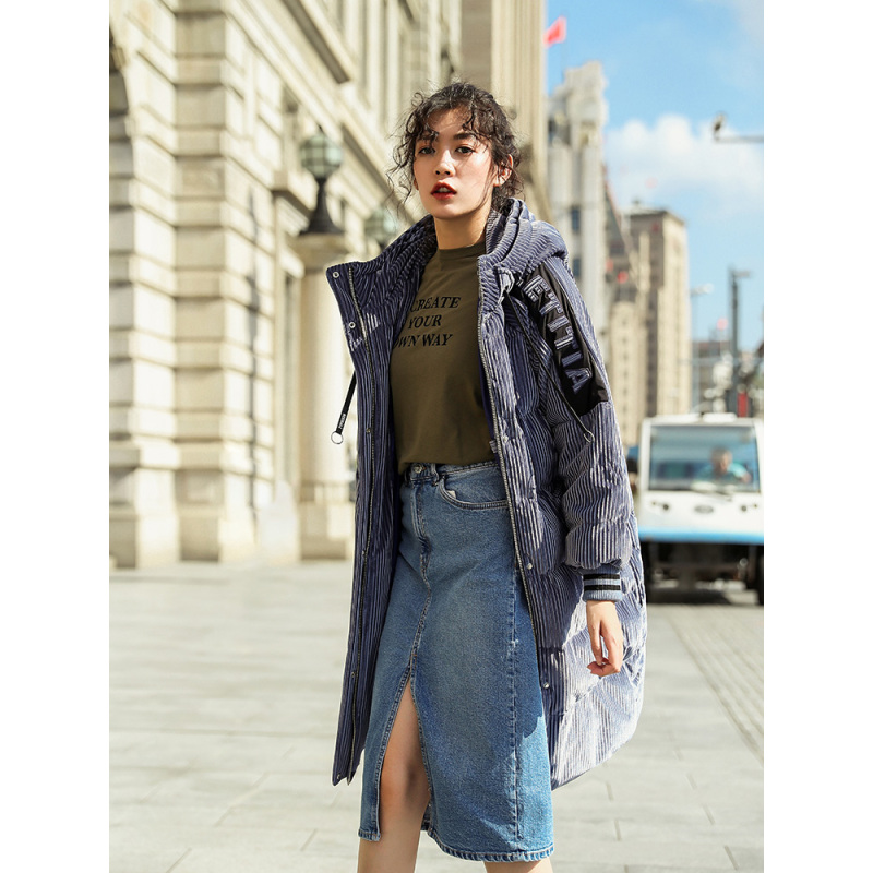 冰洁秋冬中长款羽绒服女丝绒连帽保暖羽绒外套J80142008