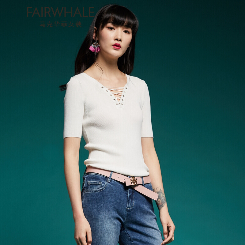 马克华菲女装2019春新chic绑带V领简洁套头针织