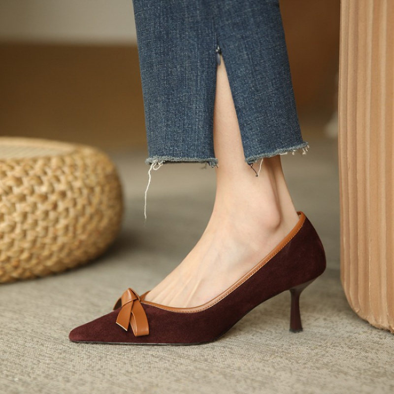 格瑞迪欧高跟单鞋女尖头蝴蝶结女鞋细跟套脚浅口高跟鞋女细跟低帮鞋