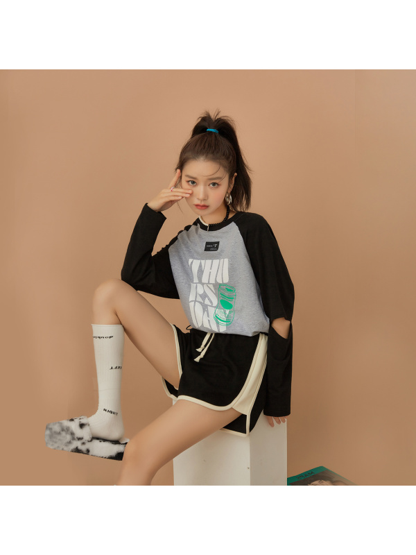 OtherMix印花拼接长袖卫衣女2021年早秋设计感炸街薄款小众上衣