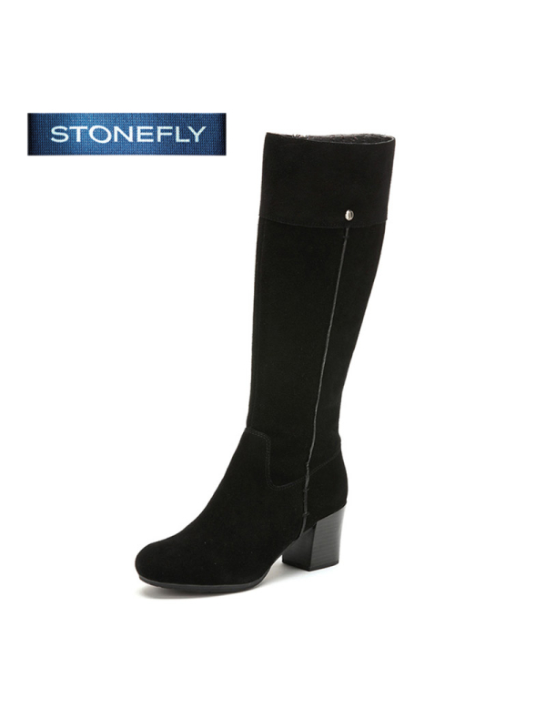 斯通富来STONEFLY复古牛皮尖头中跟拉链绒面显瘦长靴冬SD44111220