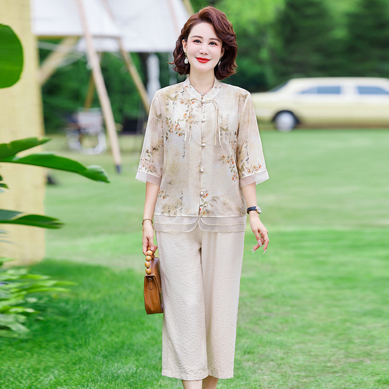 年妈妈夏套装两件套中老年妈妈装40-60岁大码中年女装夏季薄