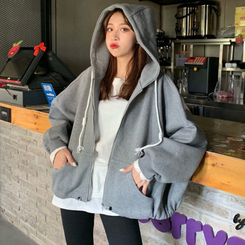 秋冬新款加绒连帽卫衣女宽松bf学院风拉链学生开衫长袖外套潮图片