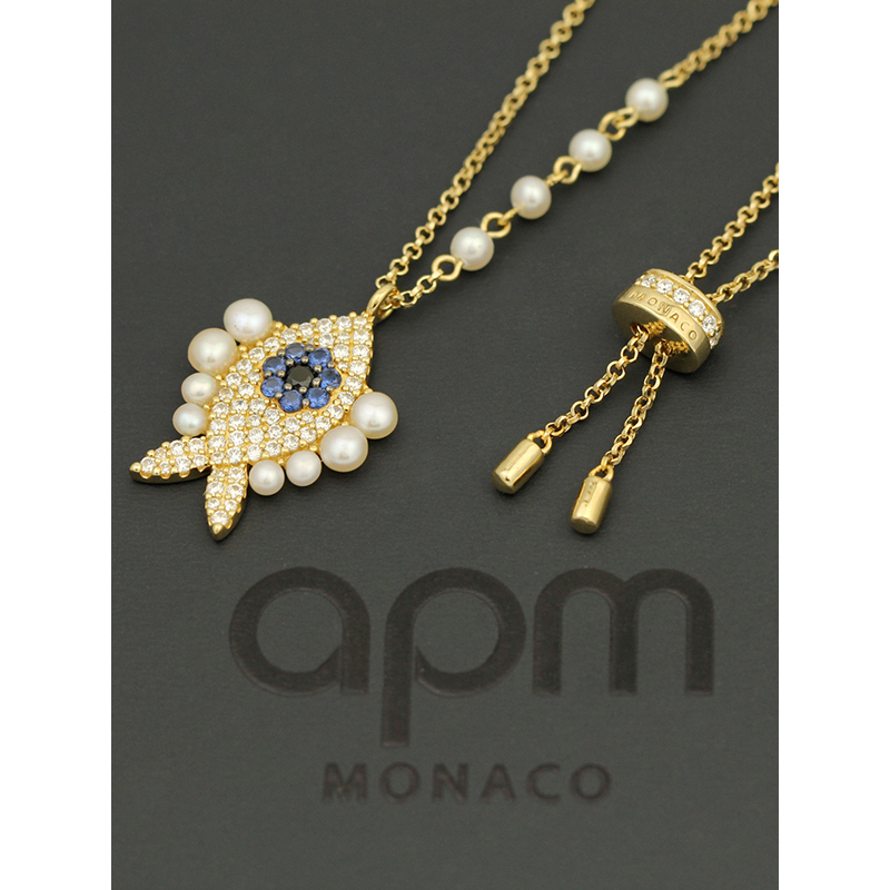 apm MONACO幸运小鱼珍珠项链女男 法式时尚吊坠颈饰锁骨链 复古毛衣链银饰品