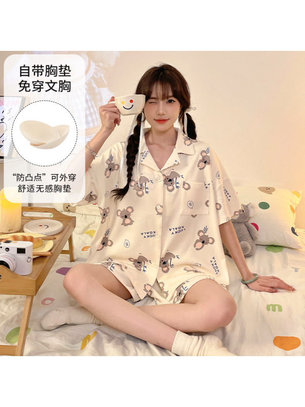 带胸垫夏季女仿棉开衫短袖宽松加大码翻领韩版卡通休闲家居服套装