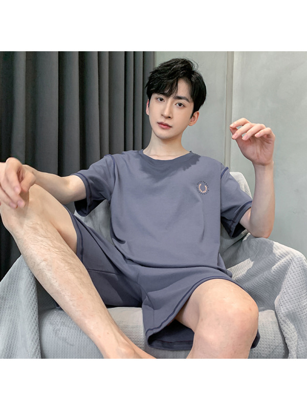 男士夏季棉质圆领短袖短裤薄款套装简约休闲学生春秋家居服可外穿