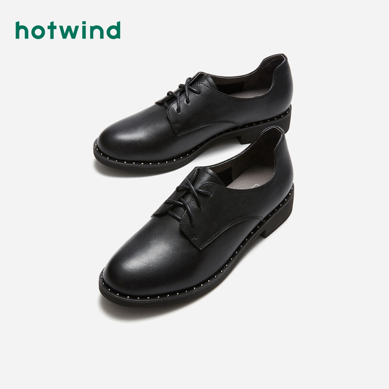 热风hotwind2019年春季新款潮流女士系带休闲单鞋低跟圆头小皮鞋h01w