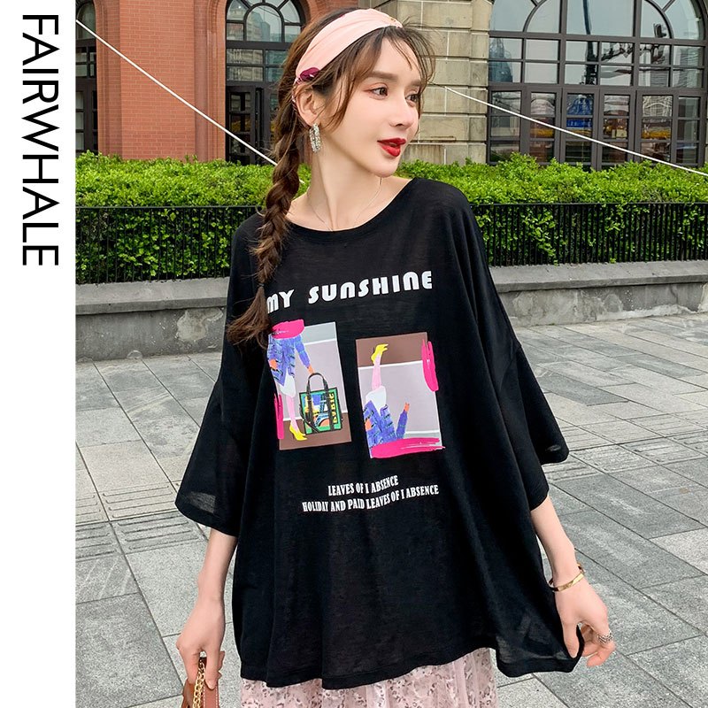 马克华菲女装2020年新款夏黑色宽松t恤女休闲简约印花七分袖上衣