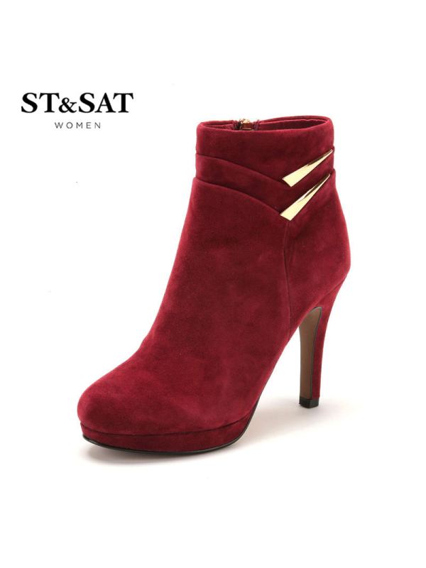 星期六ST&SAT冬季新款绒面羊皮圆头超高显瘦拉链金属短靴