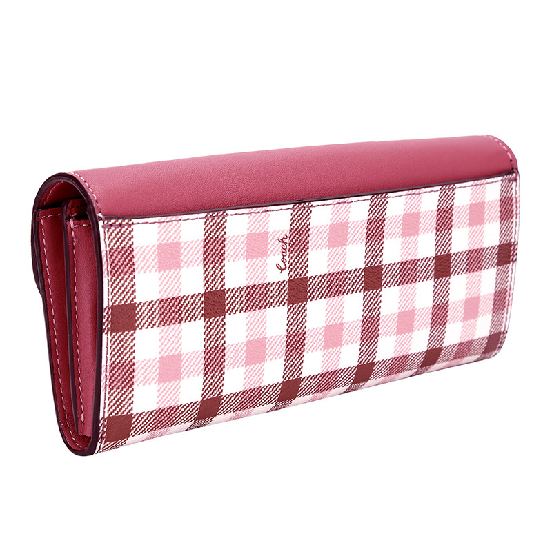 coach蔻驰奢侈品女士玫红色格子人造革配皮长款钱包钱夹f77856imp4l