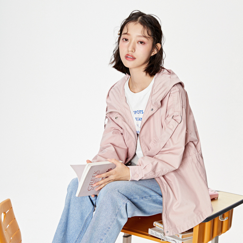 Semir森马风衣女2020春季新款连帽宽松oversize外套字母刺绣休闲学生潮