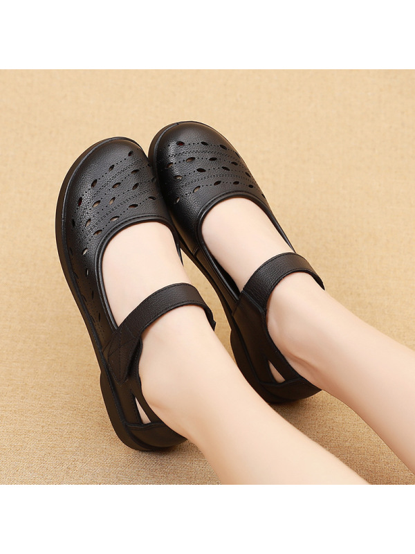 厂家直 卖牛皮女鞋圆头平底软底妈妈女洞洞凉鞋中老年女单鞋