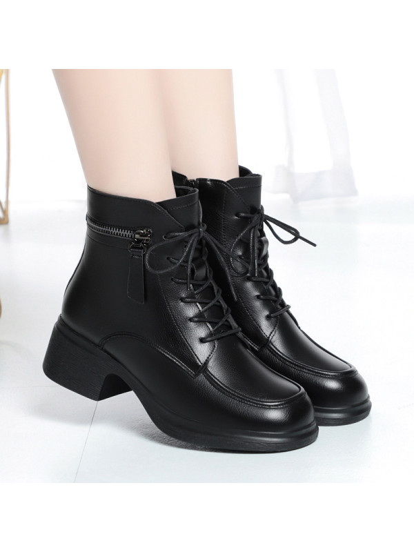 加绒马丁靴保暖妈妈棉鞋粗跟中年雪地靴女靴子中老年短靴冬季