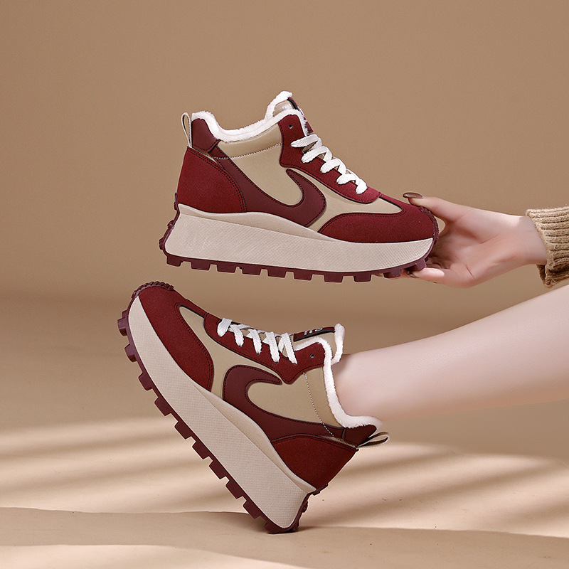 厚底女鞋新款冬季高帮加绒保暖老爹鞋百搭增高加绒