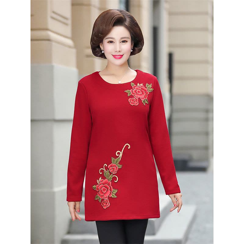 媛宿(YuanSu)妈妈冬装绣花毛衣中长款加厚加绒中老年女打底衫40-50岁大码上衣6579图片
