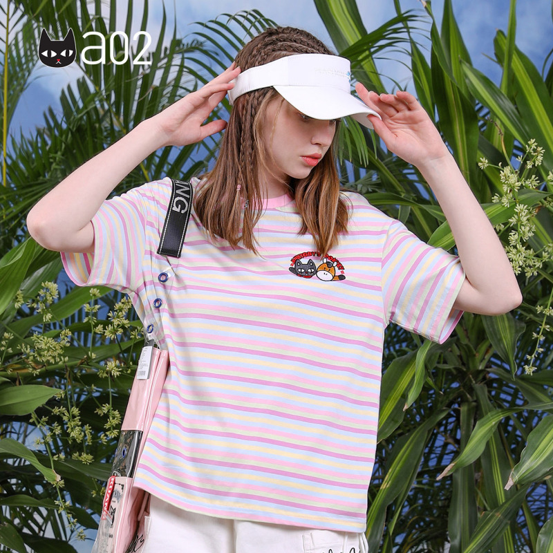 a02新款2020活力撞色条纹拼接印花宽松短袖T恤女夏DTV2D0871KT