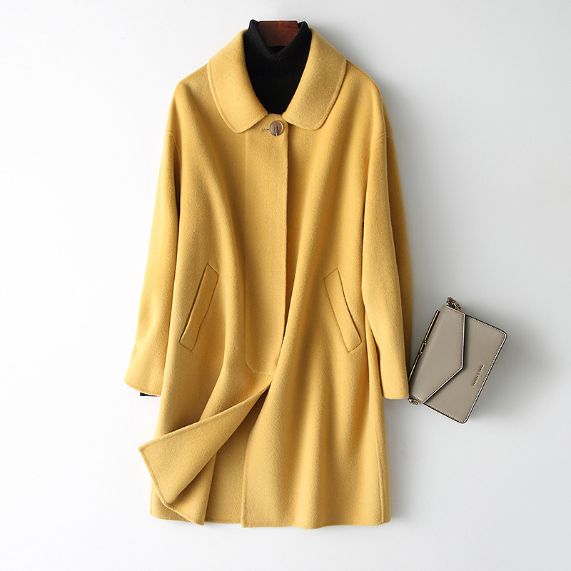兰奥春季海宁方领双面呢羊毛大衣女韩版休闲宽松中长款毛呢外套