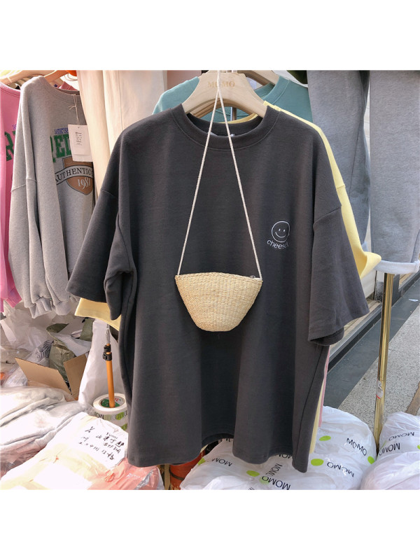 笑脸刺绣夏季韩版新款短袖T恤女宽松打底衫上衣韩国女装