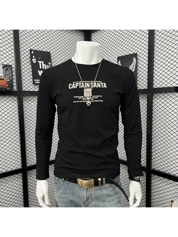 秋季新款打底衫时尚青年百搭长袖潮流印花字母圆领T恤男修身上衣