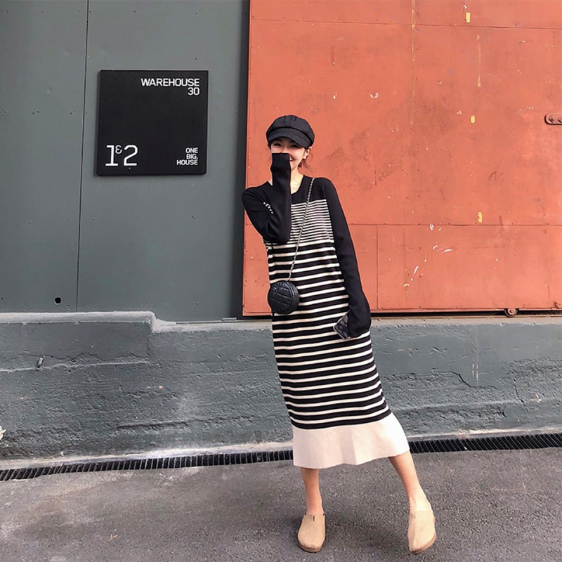 如熙针织连衣裙女简约通勤条纹中长裙拼接修气质裙子